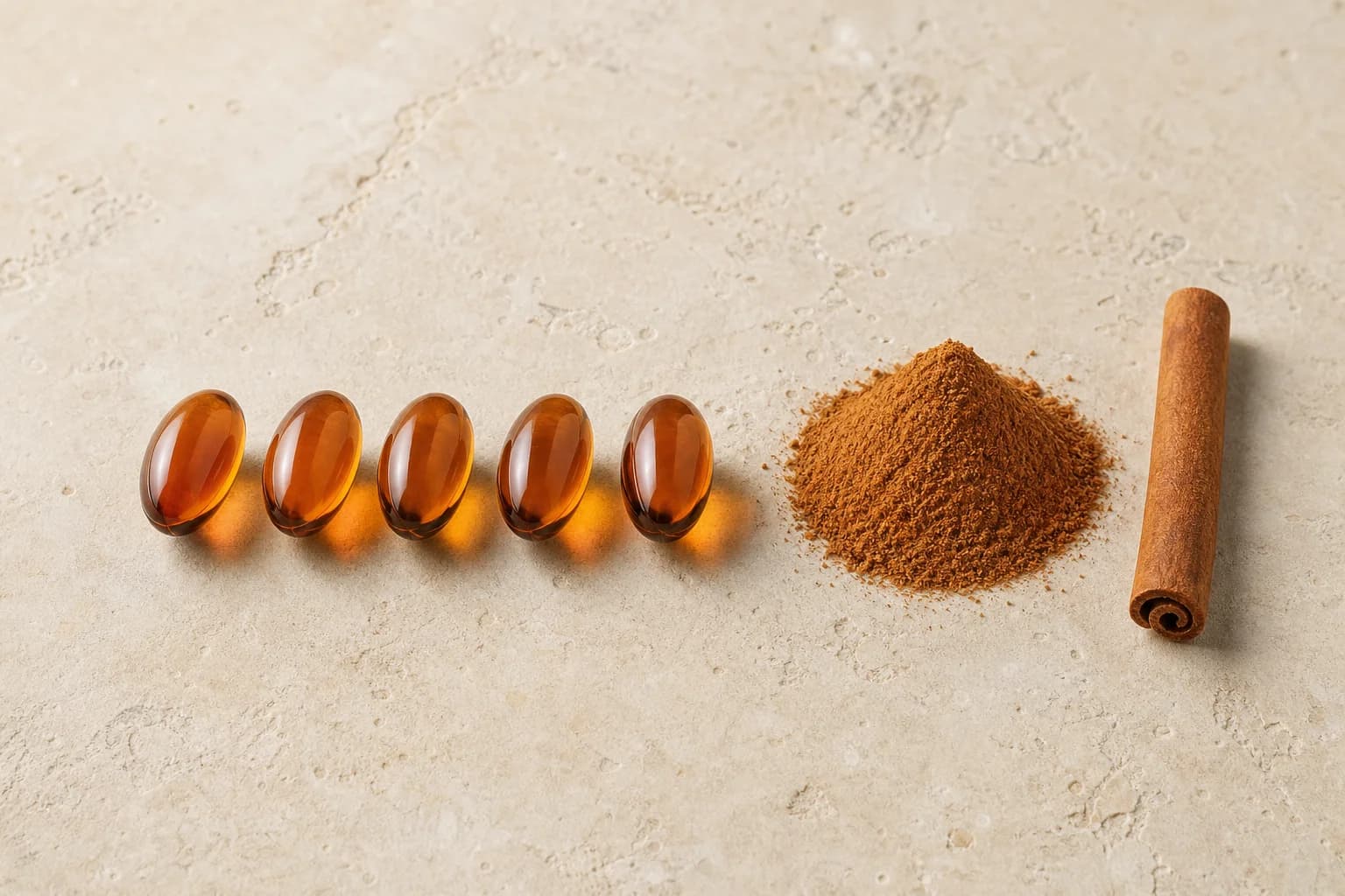 Amber softgels beside finely milled Ceylon cinnamon and a cinnamon quill