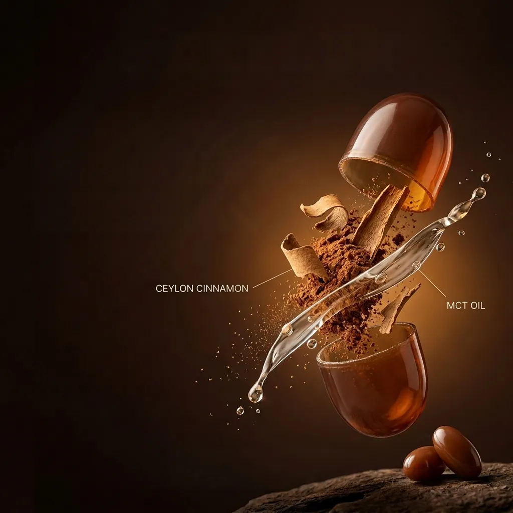 An opened amber softgel with Ceylon cinnamon bark and powder and a splash of MCT oil suspended between the halves, two softgels resting on stone below